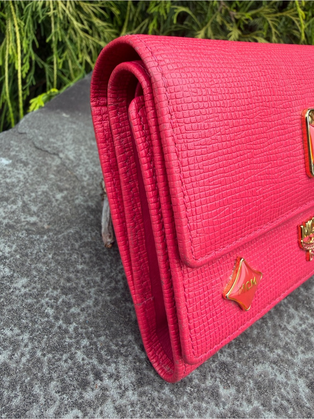 MCM Hot Pink Leather Trifold Wallet with Charms & Gold Hardware - Picture 3 of 16